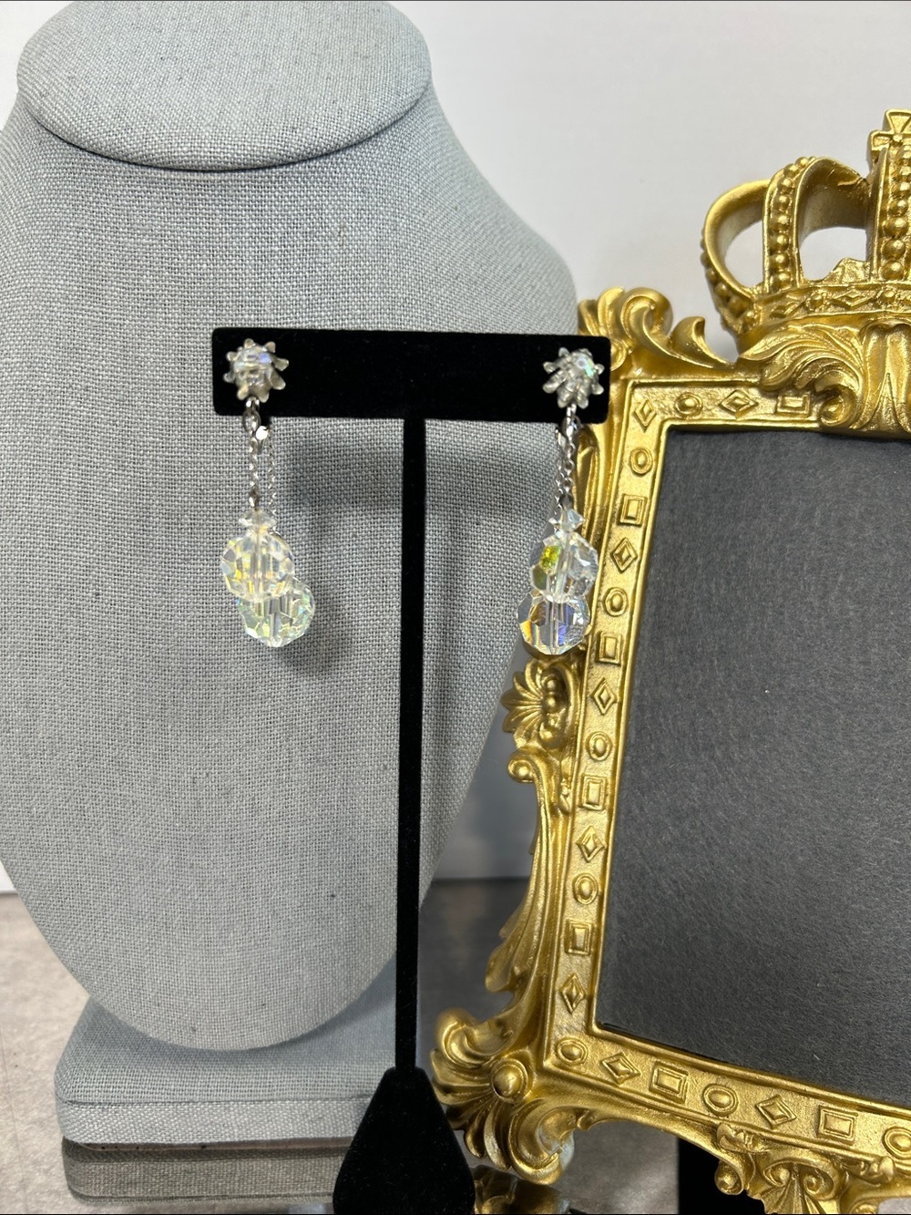 Vintage Crystal Drop Dangle Clip On Earrings - Clear Aurora Borealis